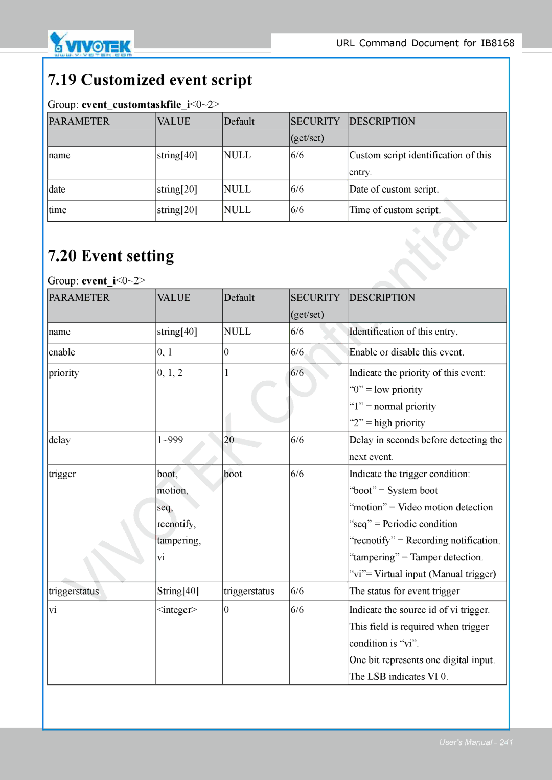 Vivitek IB8156-C user manual Recnotify Seq = Periodic condition Tampering 