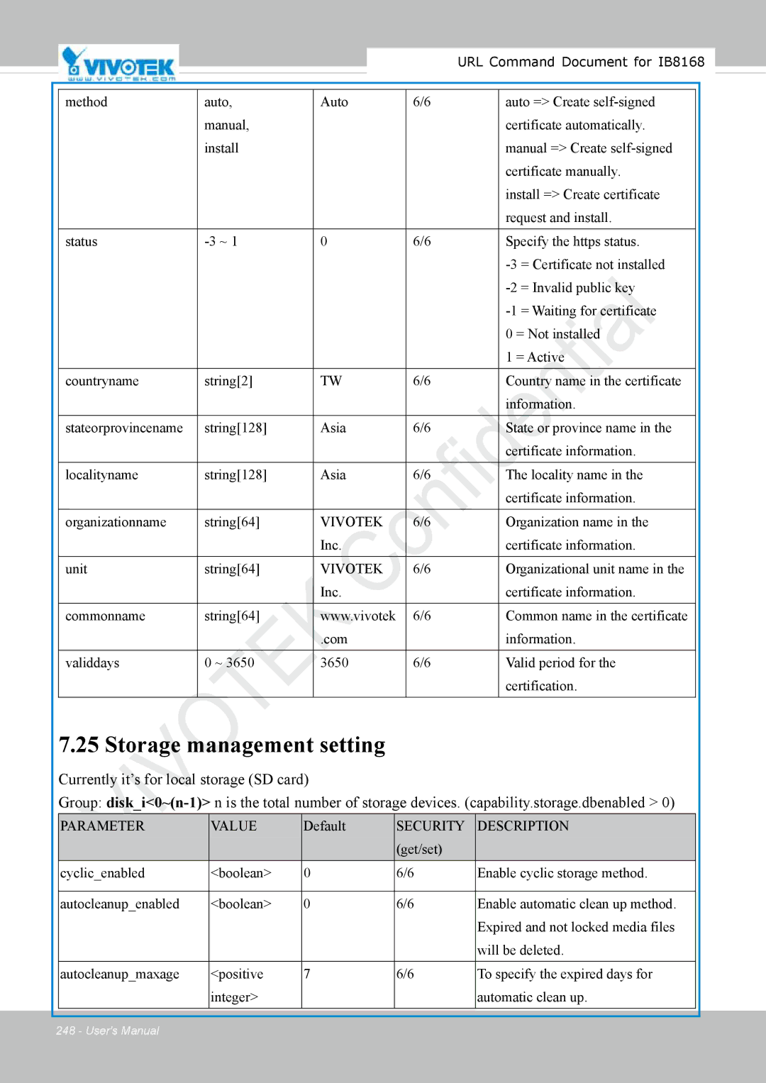 Vivitek IB8156-C user manual Storage management setting 