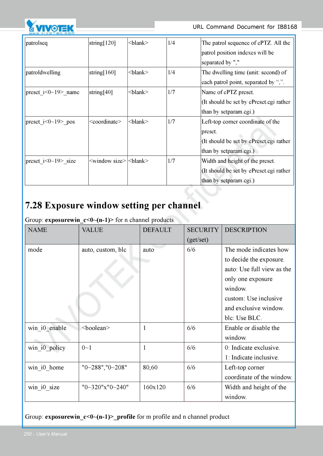 Vivitek IB8156-C user manual Exposure window setting per channel 