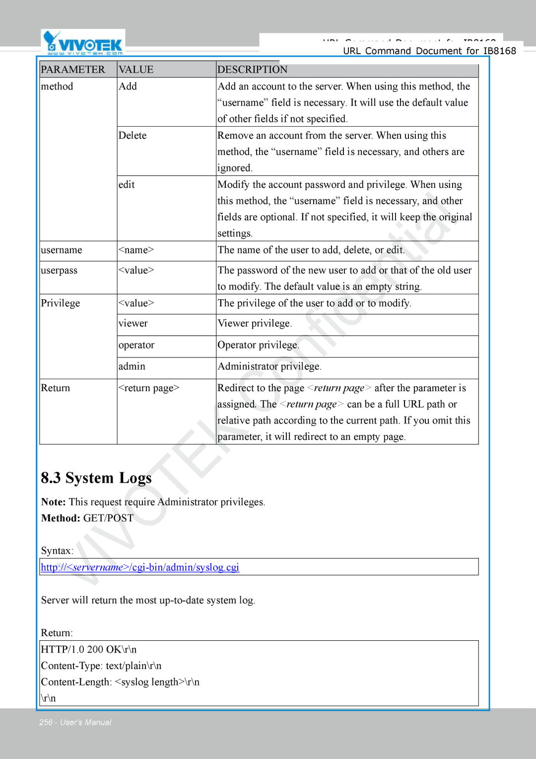 Vivitek IB8156-C user manual System Logs 