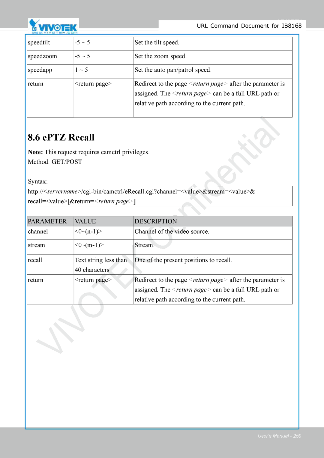 Vivitek IB8156-C user manual EPTZ Recall 