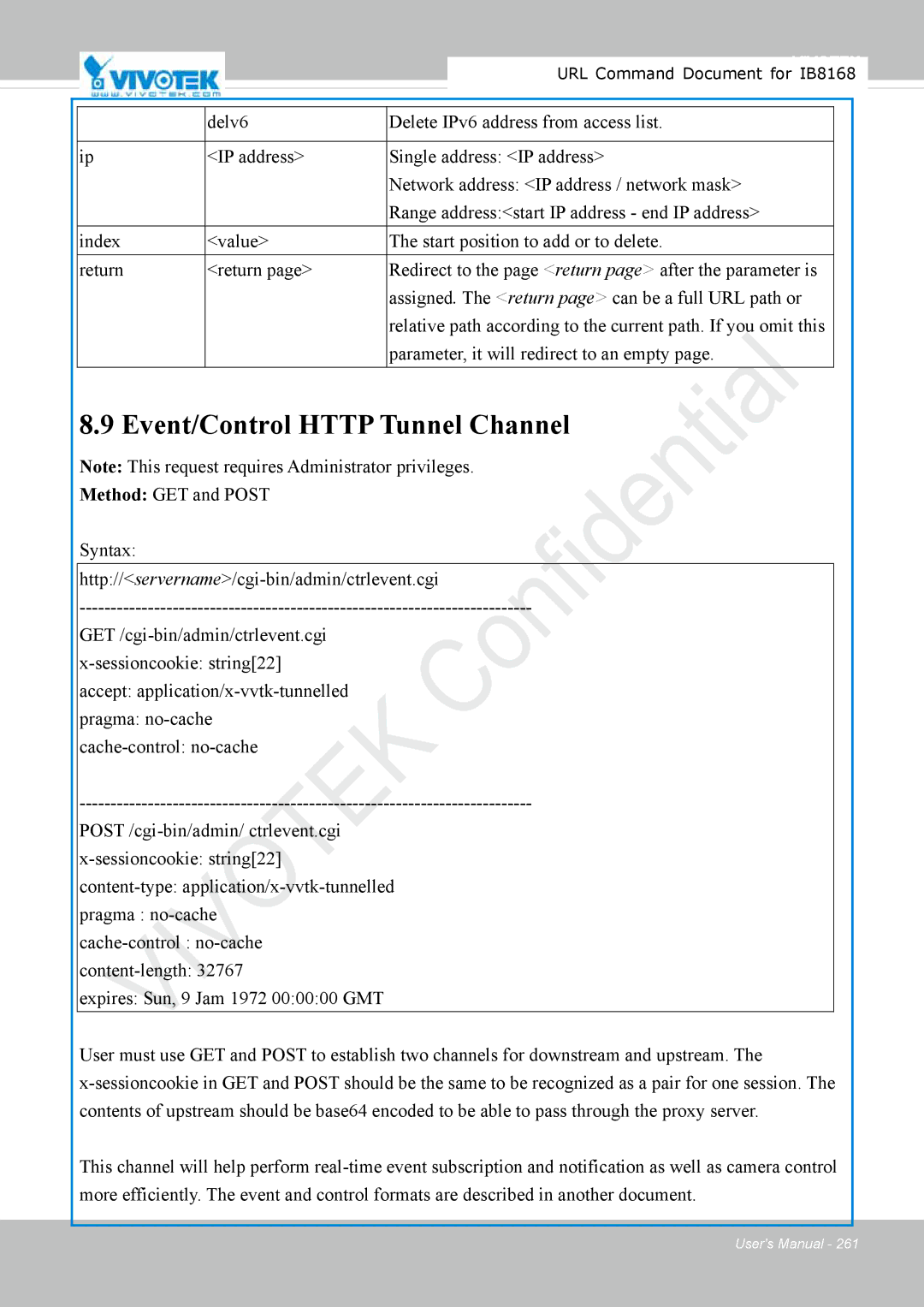 Vivitek IB8156-C user manual Event/Control Http Tunnel Channel 