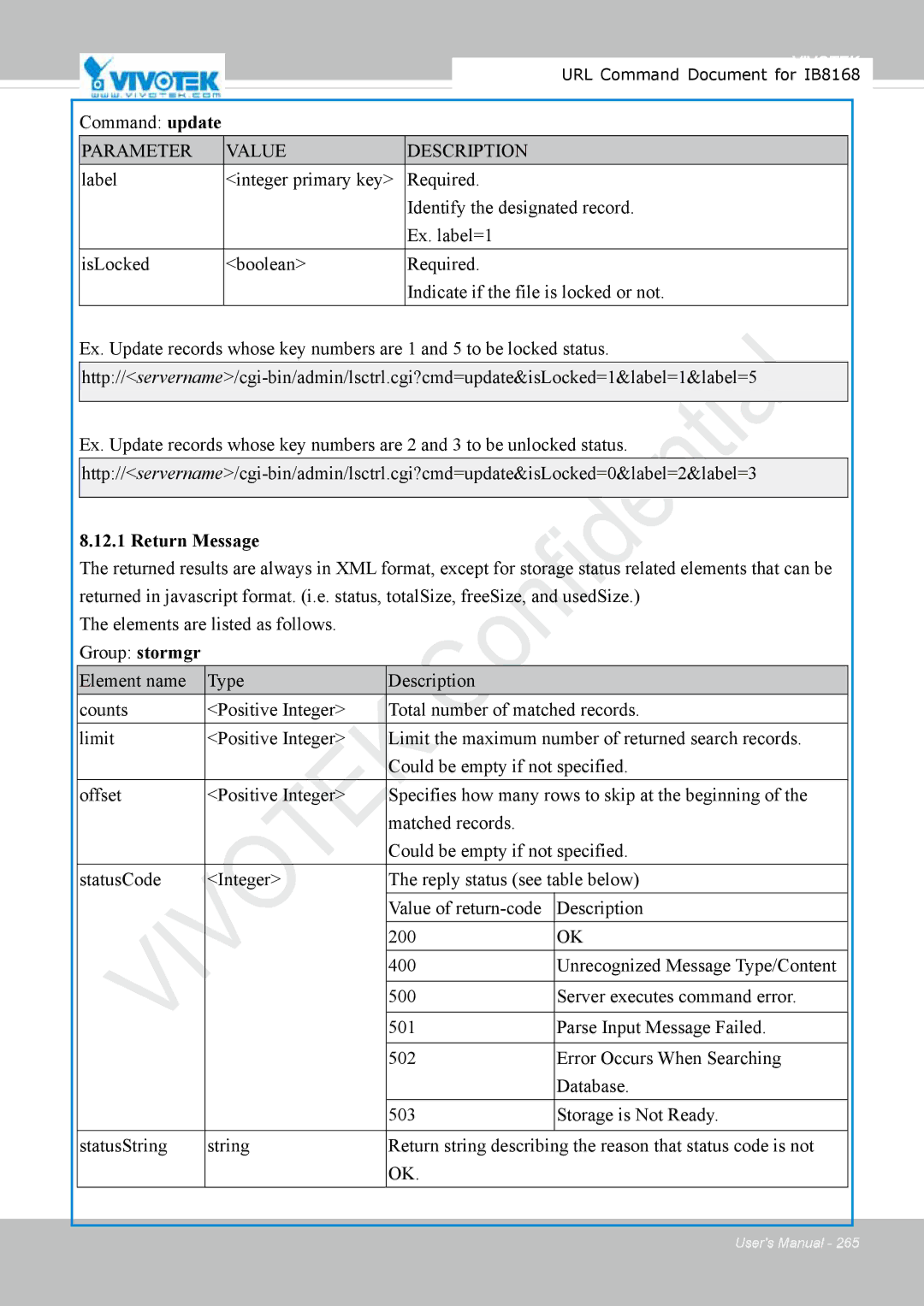 Vivitek IB8156-C user manual Return Message 