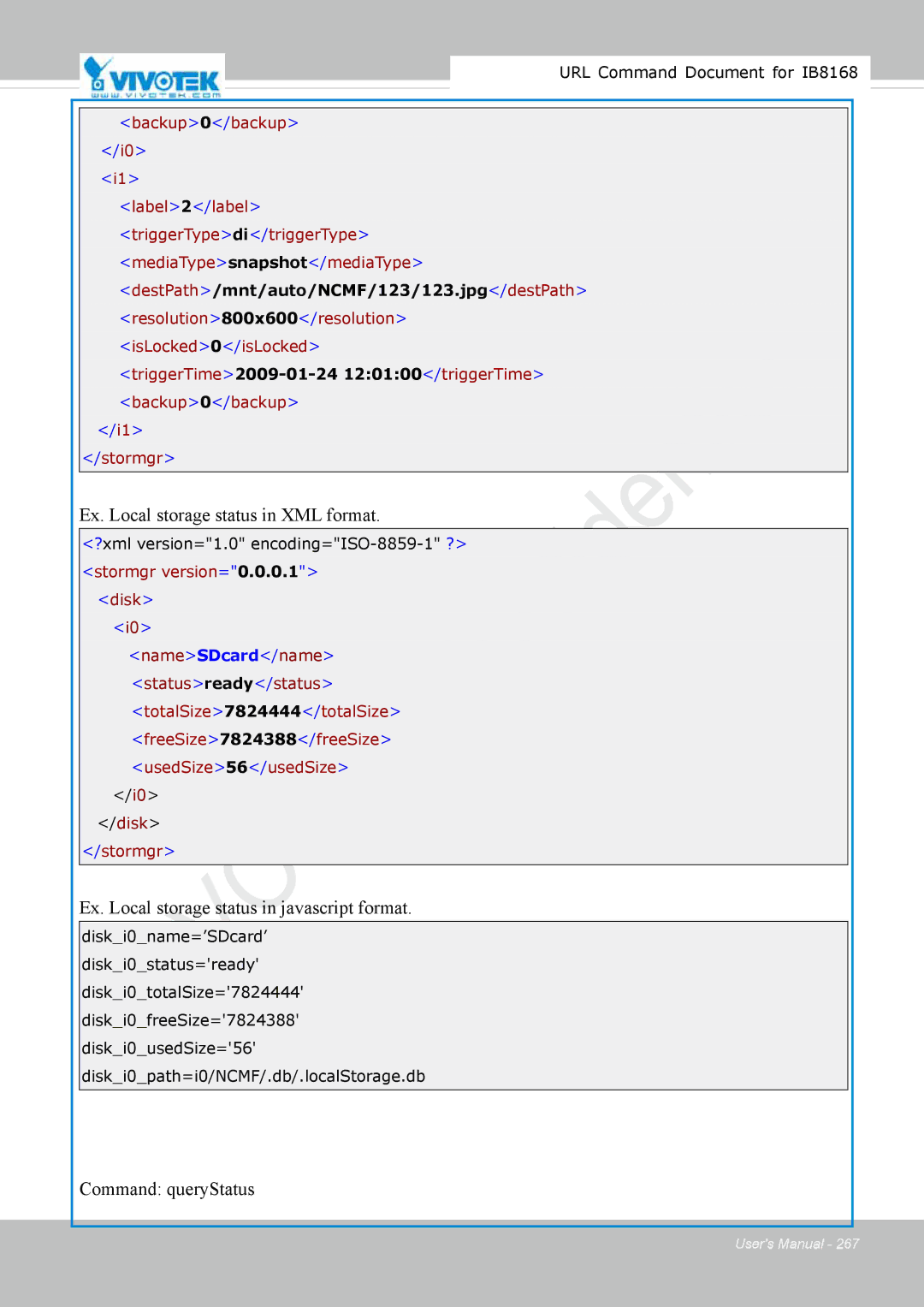 Vivitek IB8156-C user manual Ex. Local storage status in XML format 