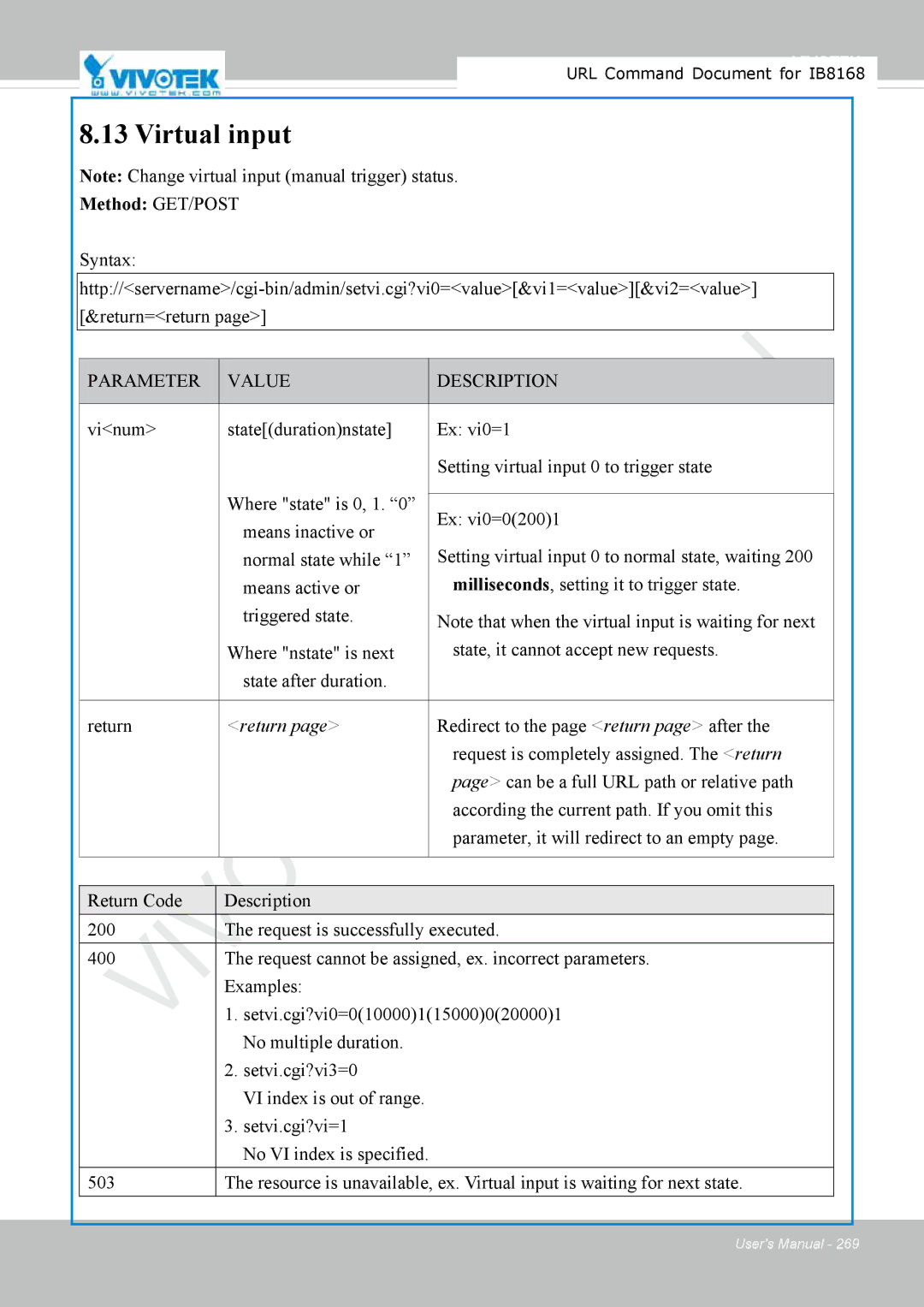 Vivitek IB8156-C user manual Virtual input 