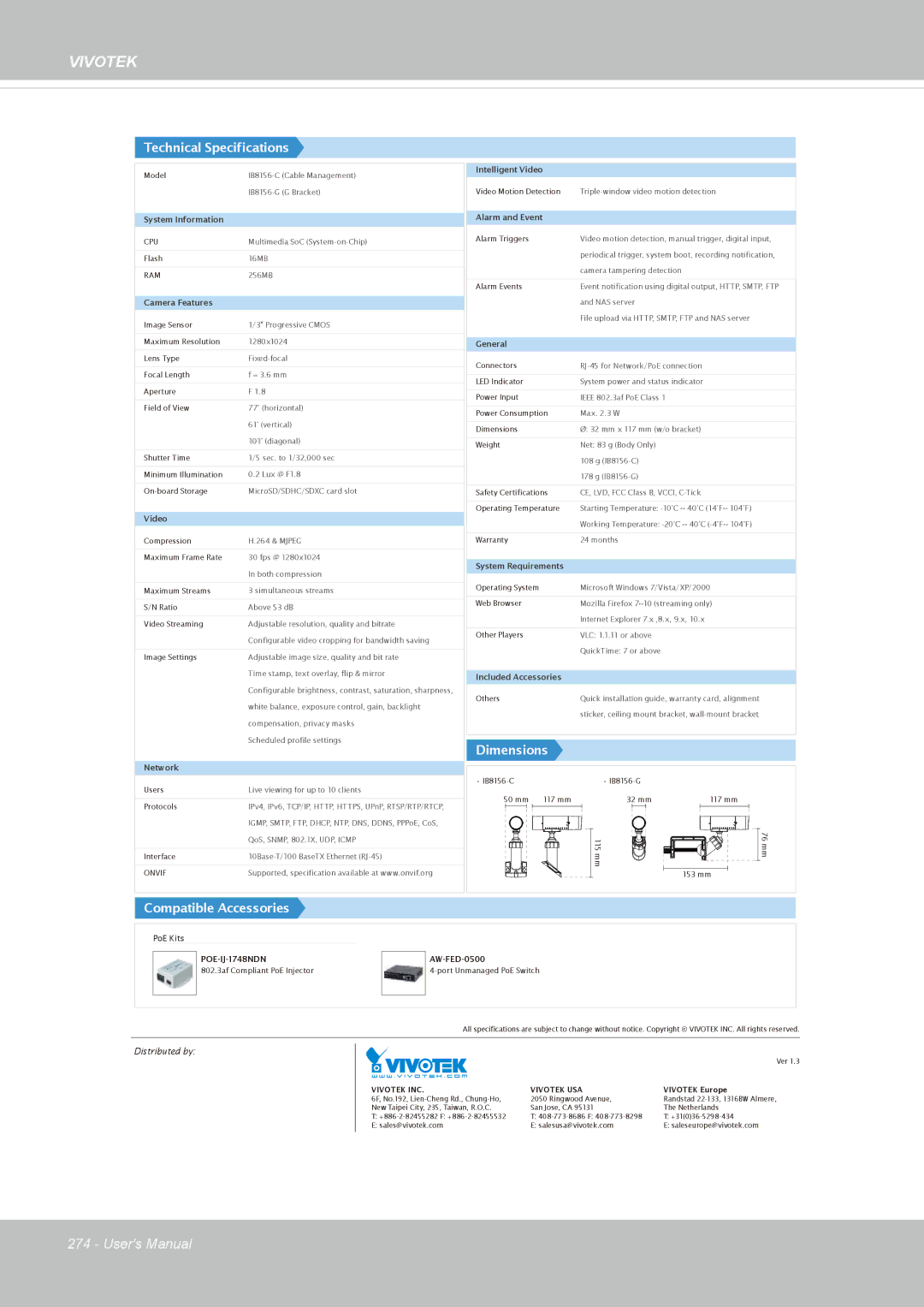 Vivitek IB8156-C user manual Dimensions 