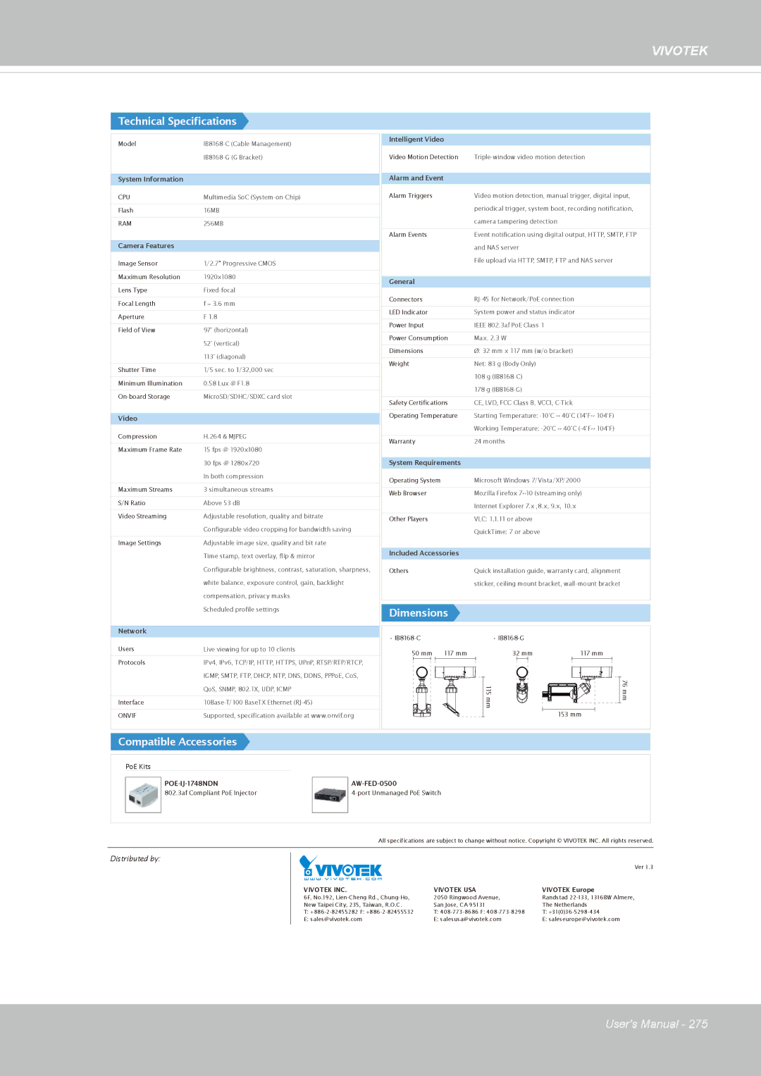 Vivitek IB8156-C user manual Vivotek INC Vivotek USA 