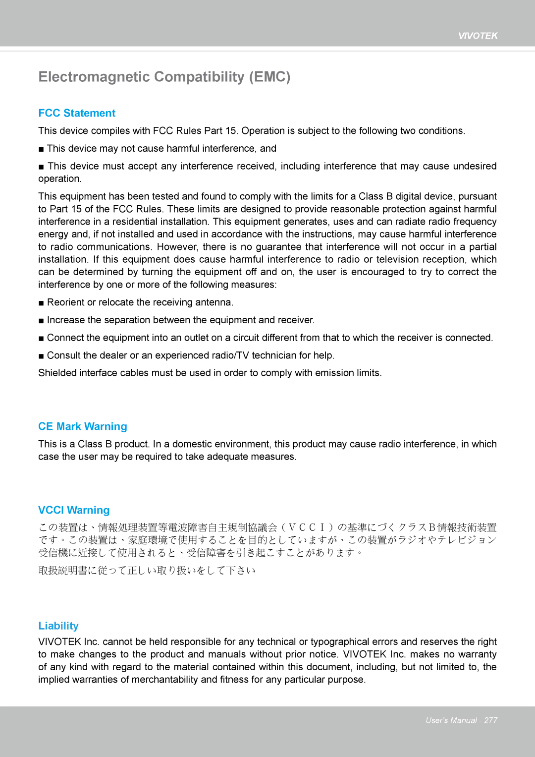 Vivitek IB8156-C user manual Electromagnetic Compatibility EMC, Liability 