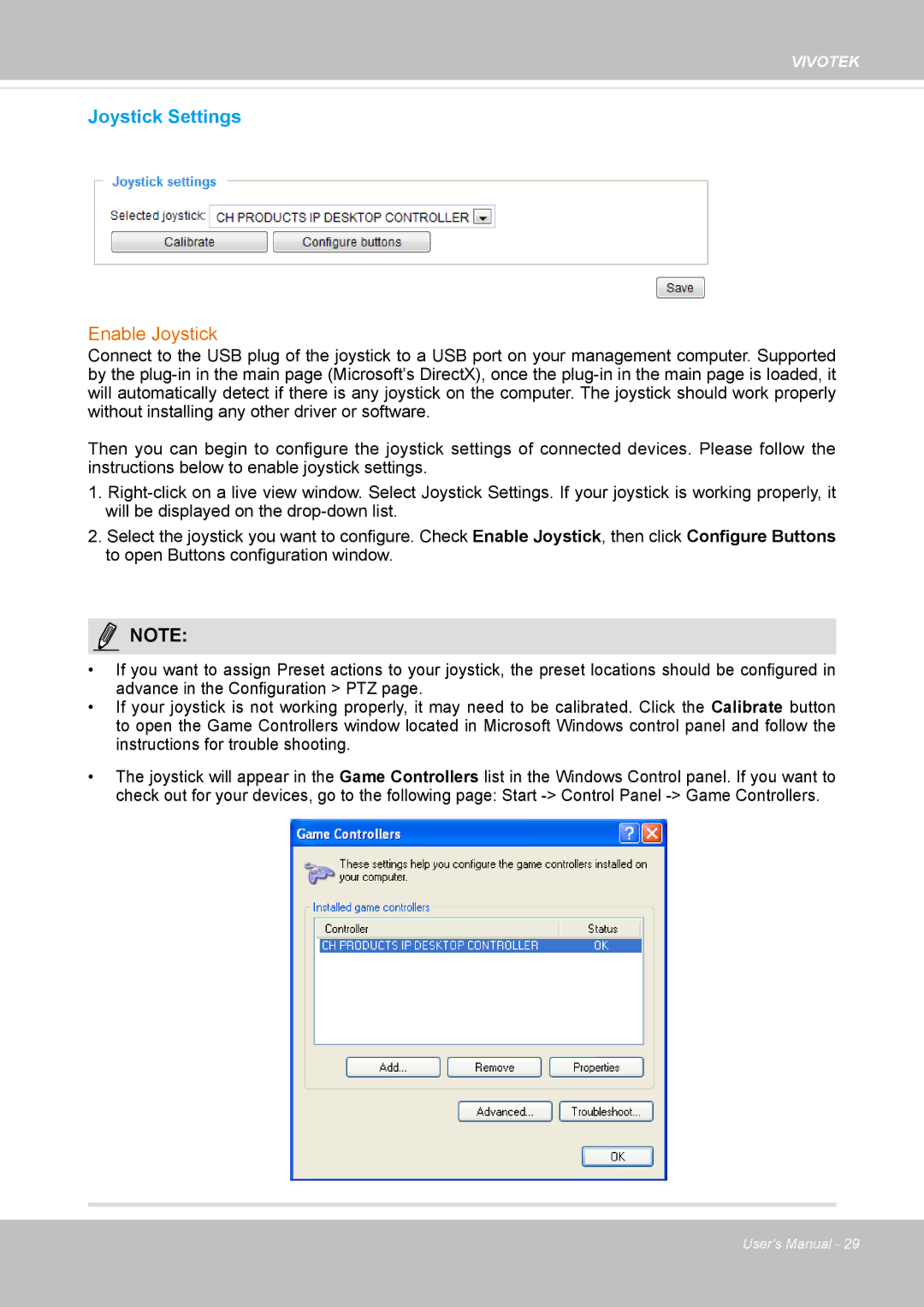 Vivitek IB8156-C user manual Joystick Settings 