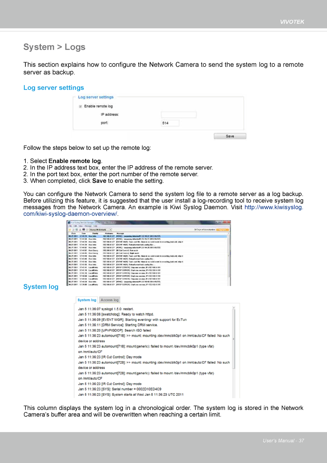 Vivitek IB8156-C user manual System Logs, Log server settings, System log 