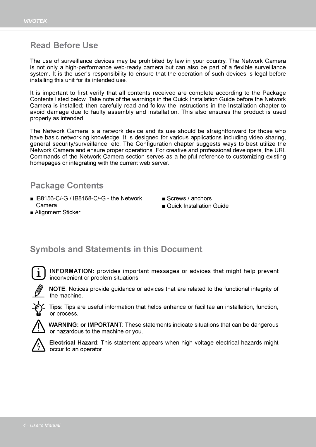 Vivitek IB8156-C user manual Read Before Use, Package Contents, Symbols and Statements in this Document 