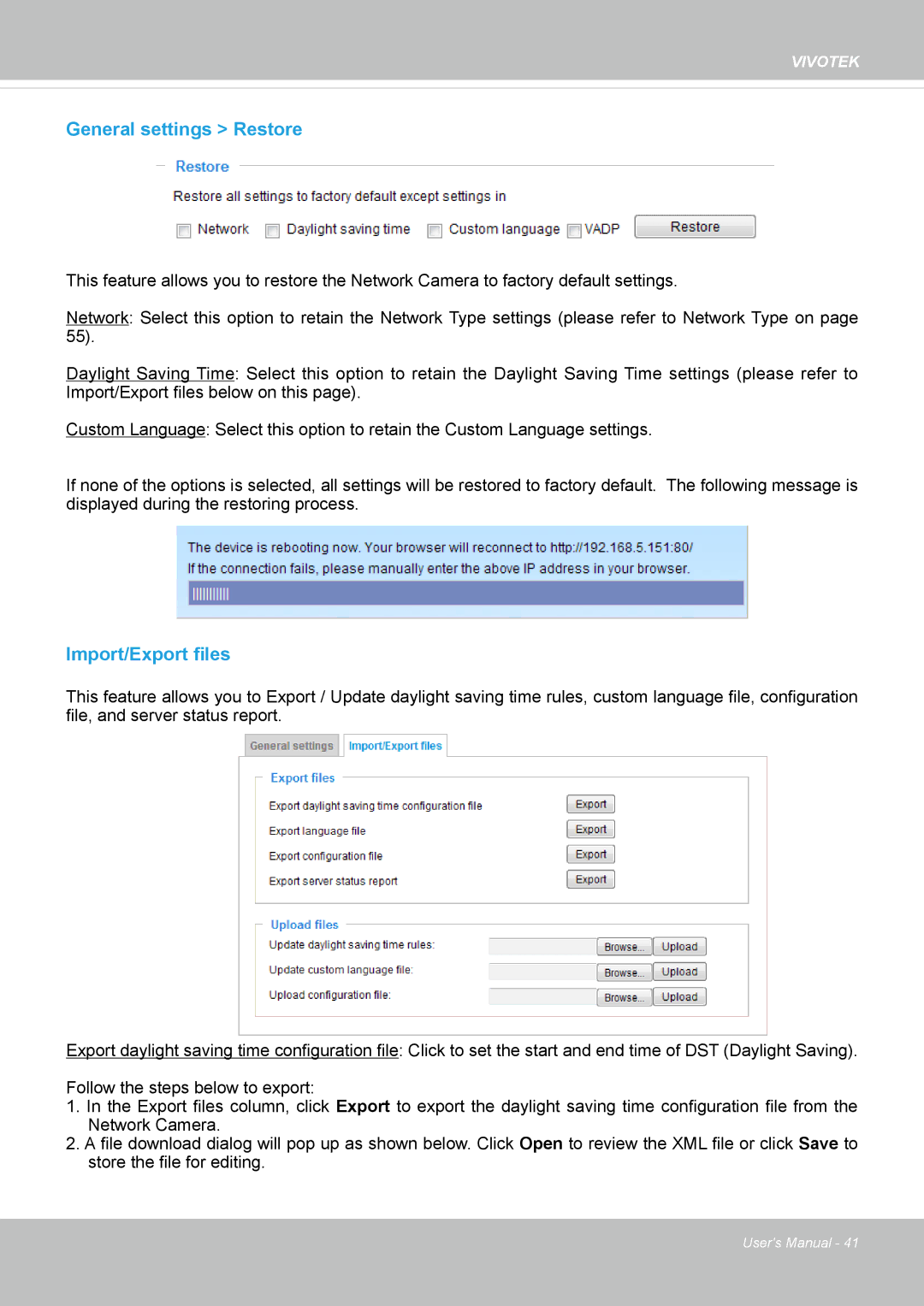 Vivitek IB8156-C user manual General settings Restore, Import/Export files 
