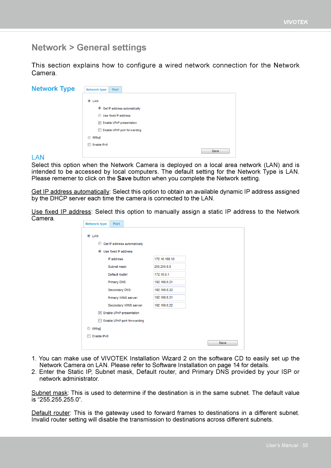 Vivitek IB8156-C user manual Network General settings, Network Type 