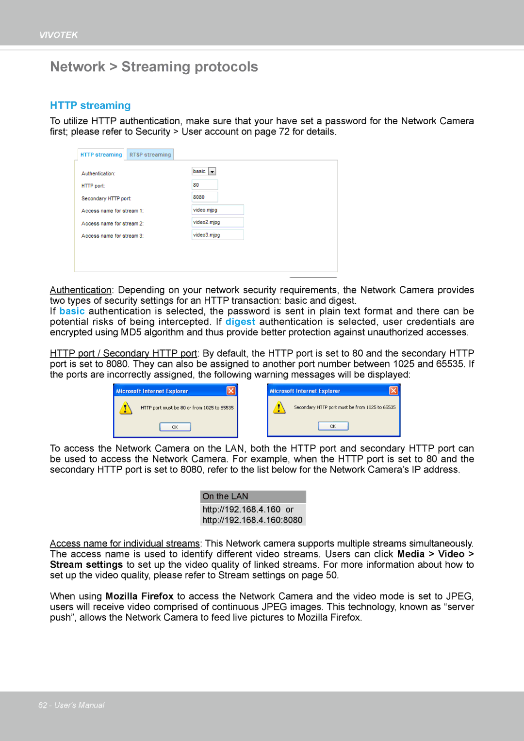 Vivitek IB8156-C user manual Network Streaming protocols, Http streaming 