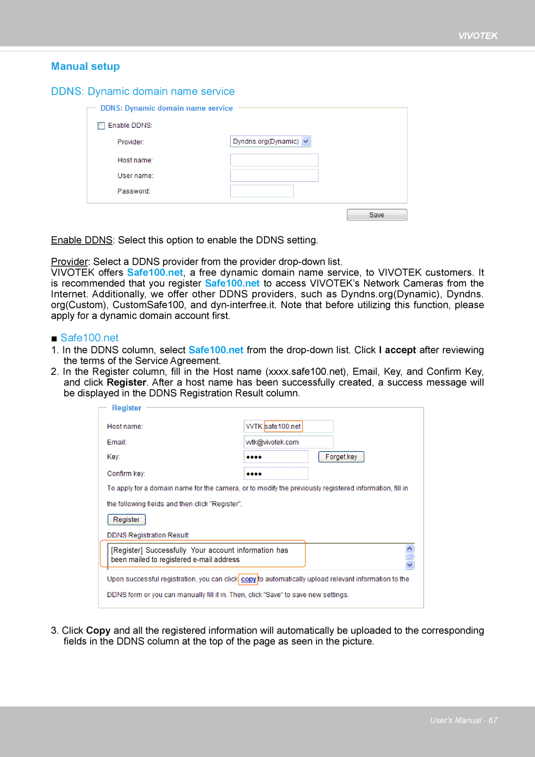 Vivitek IB8156-C user manual Manual setup, Ddns Dynamic domain name service 