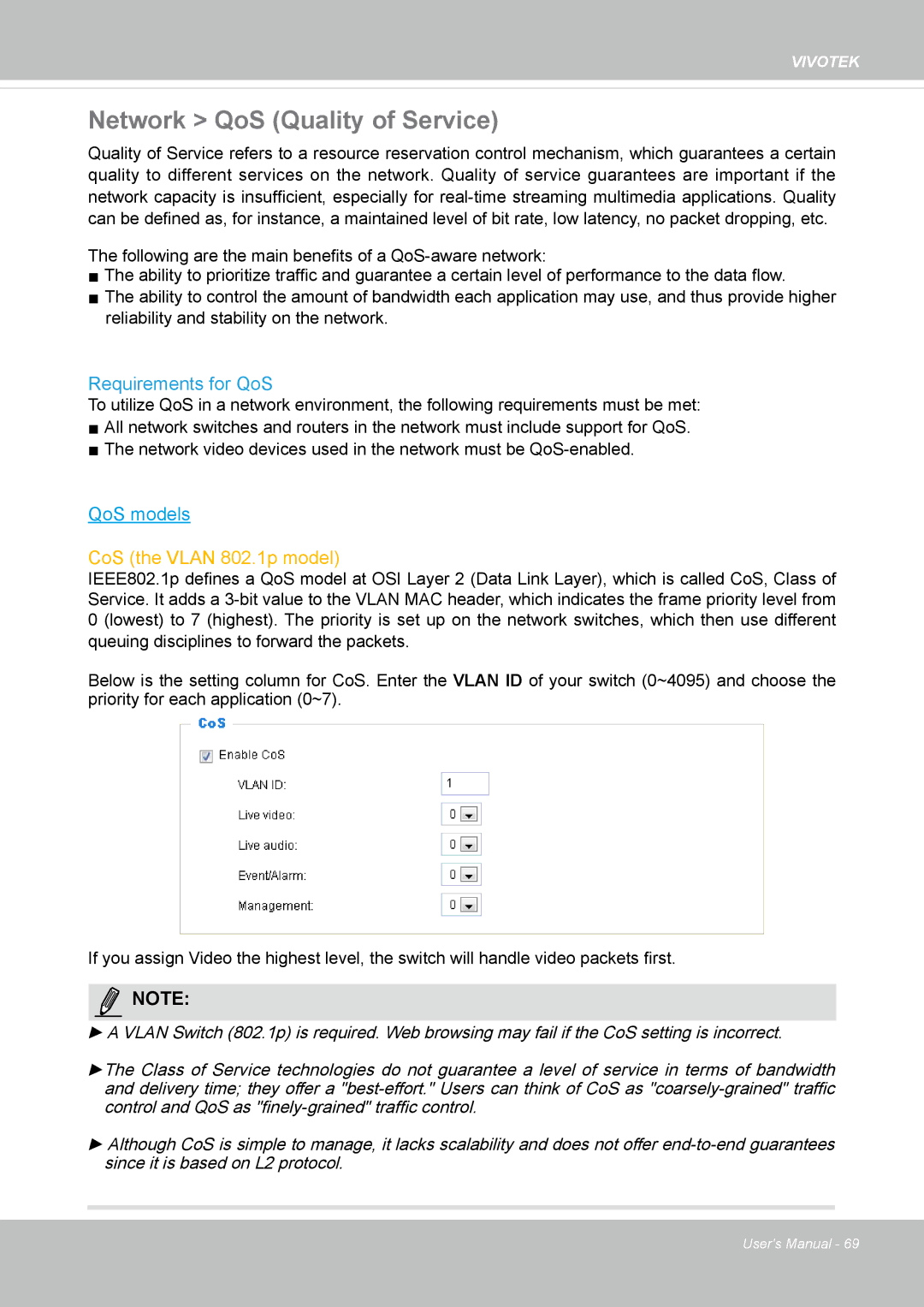 Vivitek IB8156-C user manual Network QoS Quality of Service, Requirements for QoS 