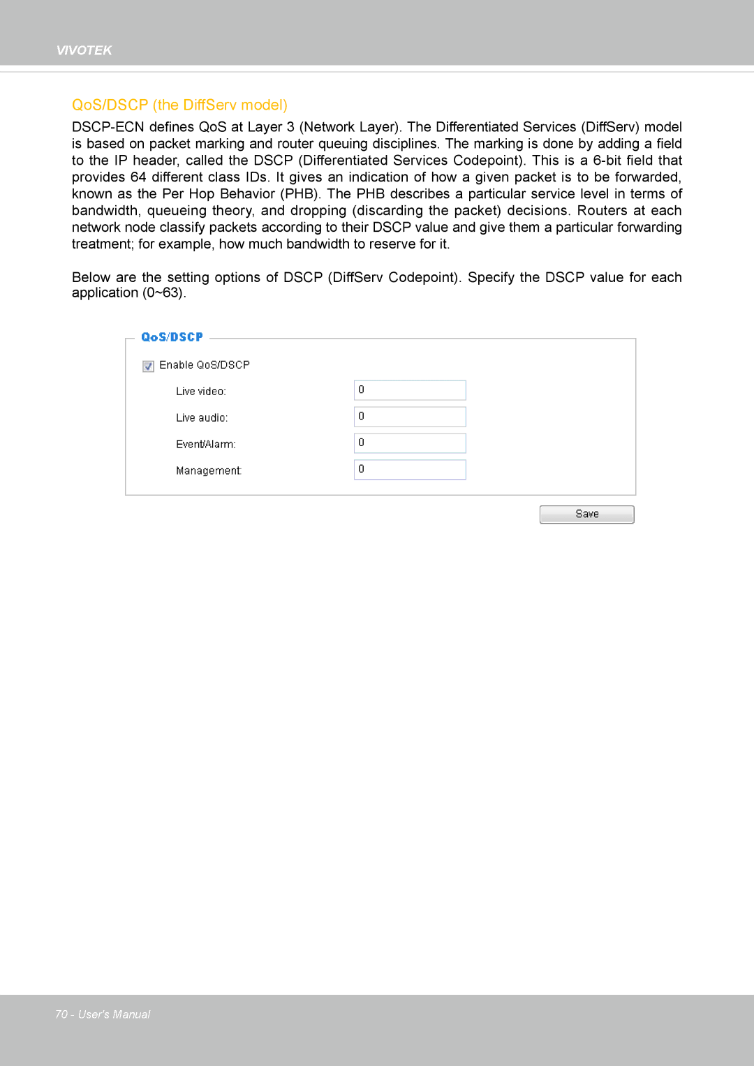 Vivitek IB8156-C user manual QoS/DSCP the DiffServ model 