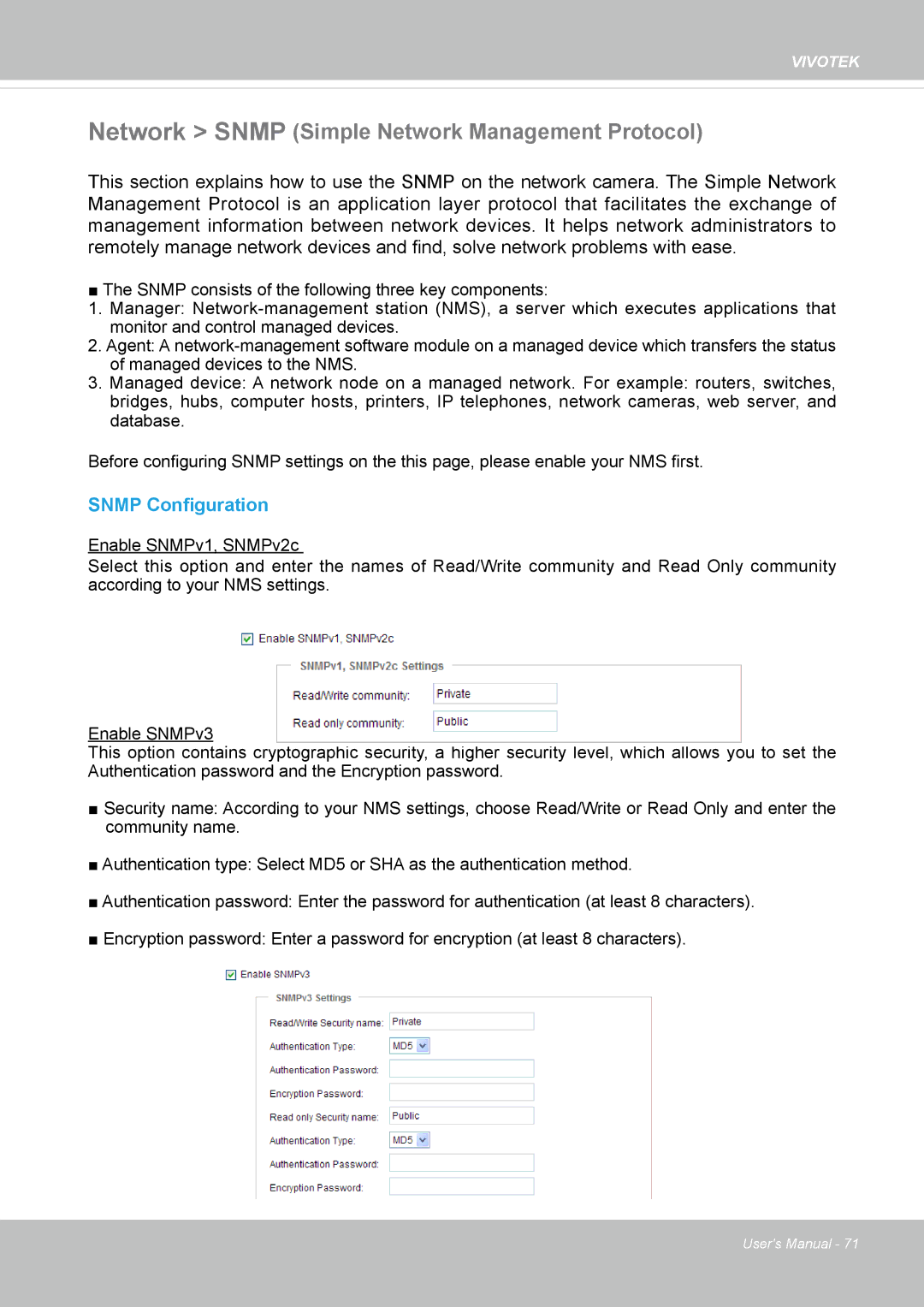 Vivitek IB8156-C user manual Network Snmp Simple Network Management Protocol, Snmp Configuration 