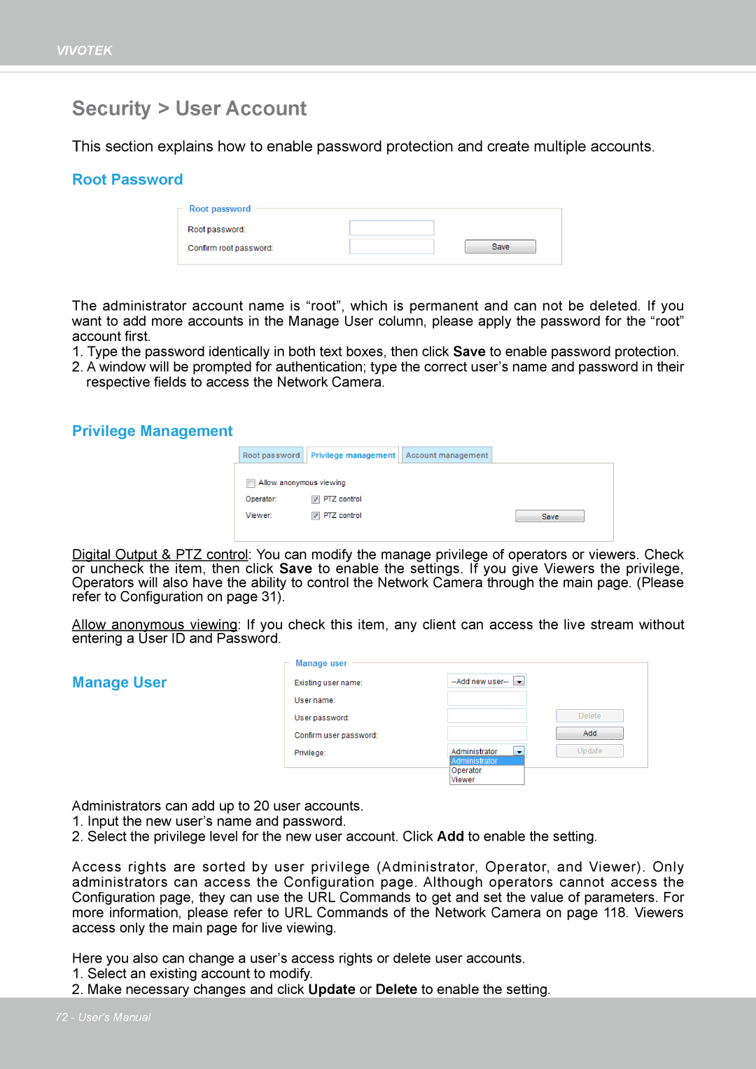 Vivitek IB8156-C user manual Security User Account, Root Password, Privilege Management, Manage User 