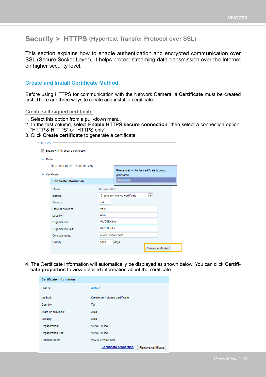 Vivitek IB8156-C user manual Security Https Hypertext Transfer Protocol over SSL, Create and Install Certificate Method 