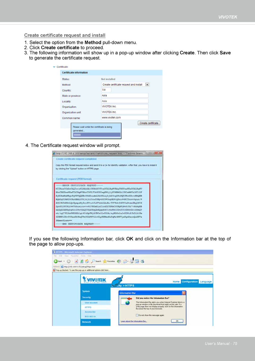 Vivitek IB8156-C user manual Create certificate request and install 