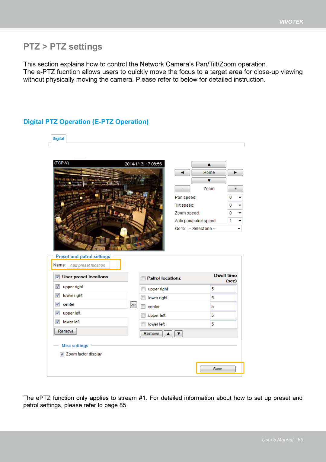 Vivitek IB8156-C user manual PTZ PTZ settings, Digital PTZ Operation E-PTZ Operation 