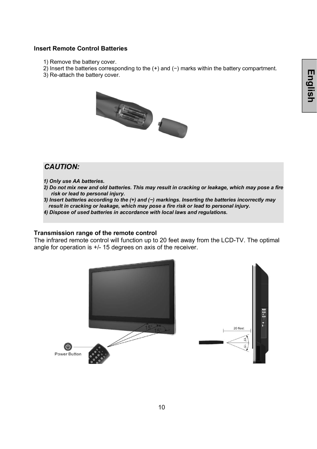 Vivitek LCD-TV manual Insert Remote Control Batteries, Transmission range of the remote control 