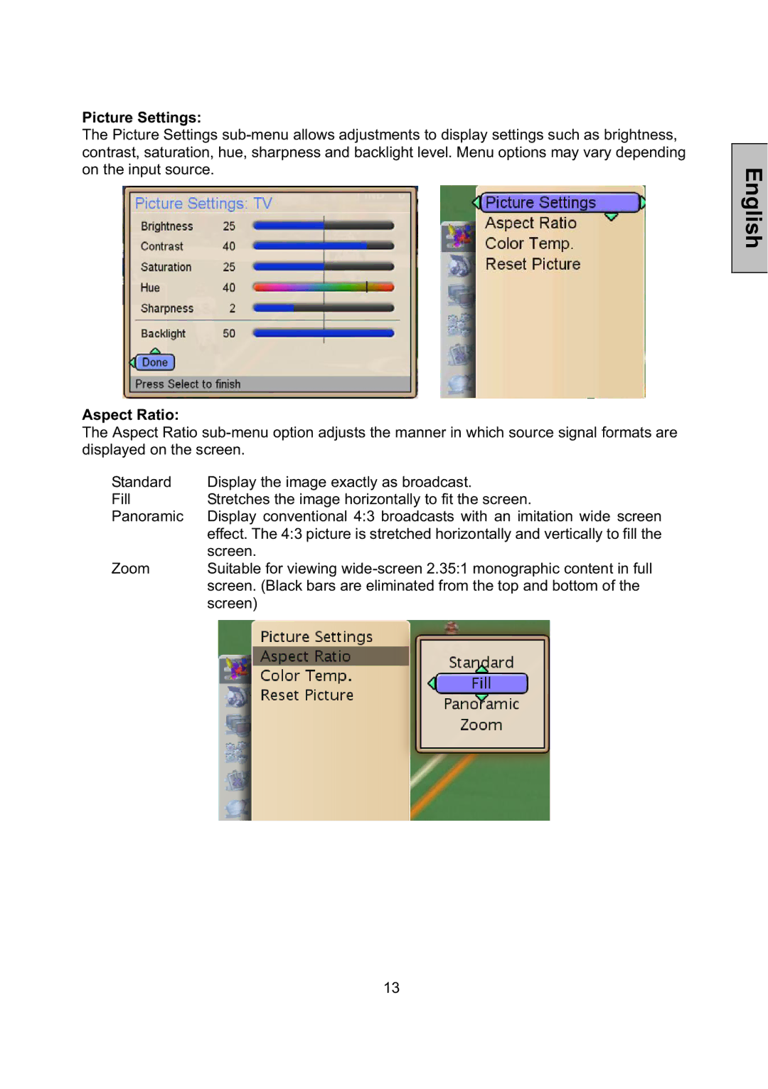 Vivitek LCD-TV manual Picture Settings, Aspect Ratio 