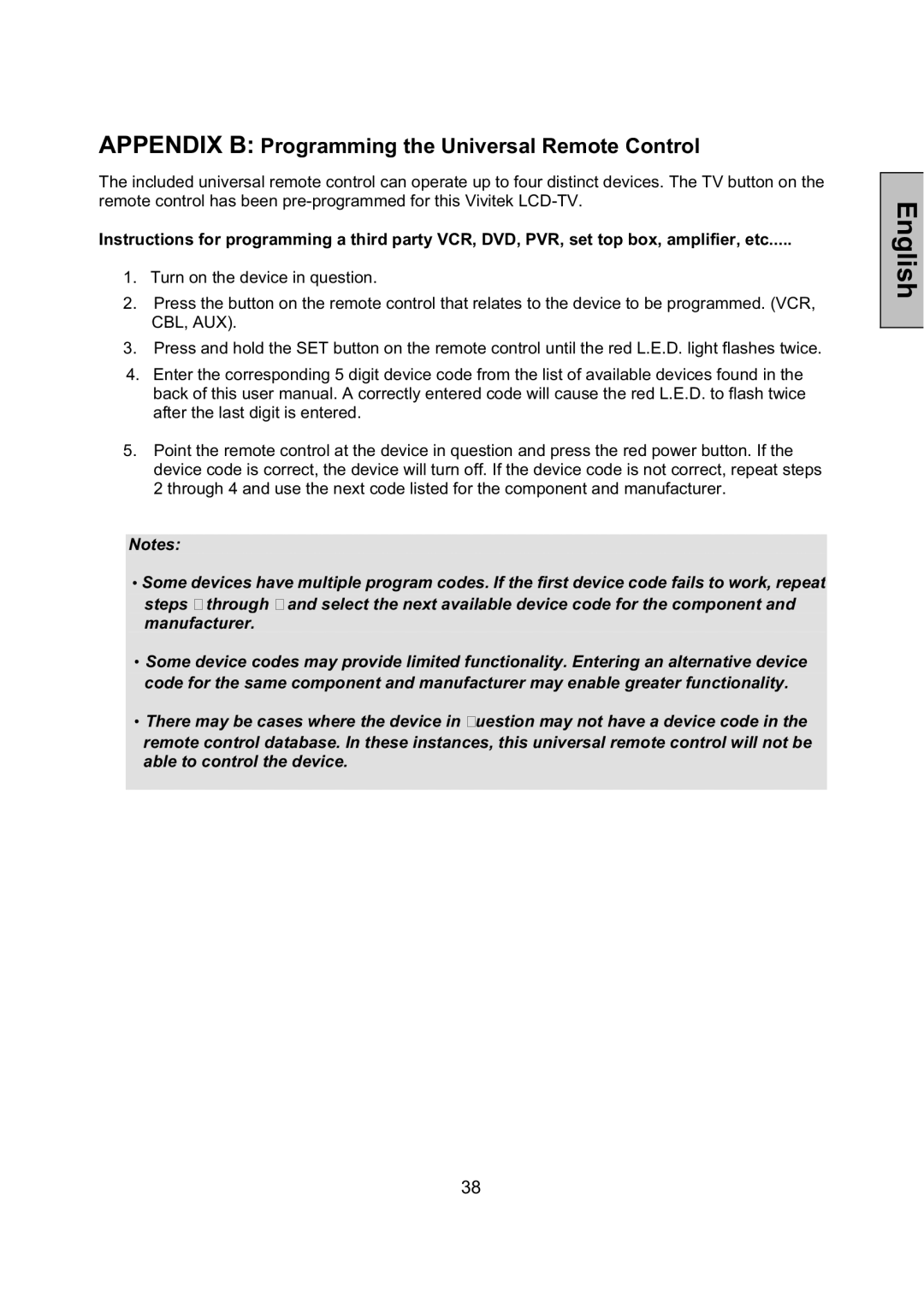 Vivitek LCD-TV manual Appendix B Programming the Universal Remote Control 