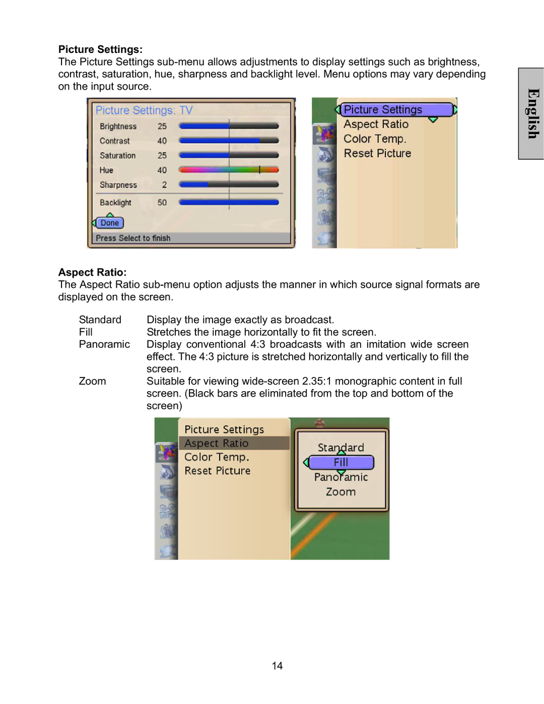 Vivitek LT32PL3-A manual Picture Settings, Aspect Ratio 