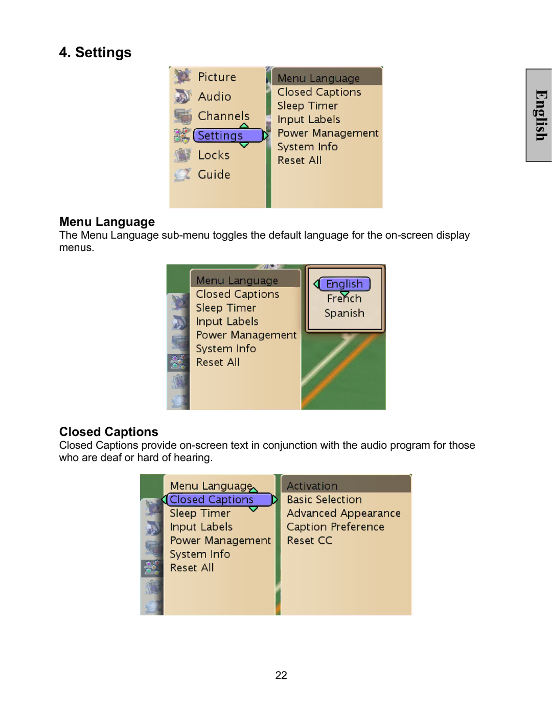 Vivitek LT32PL3-A manual Menu Language, Closed Captions 