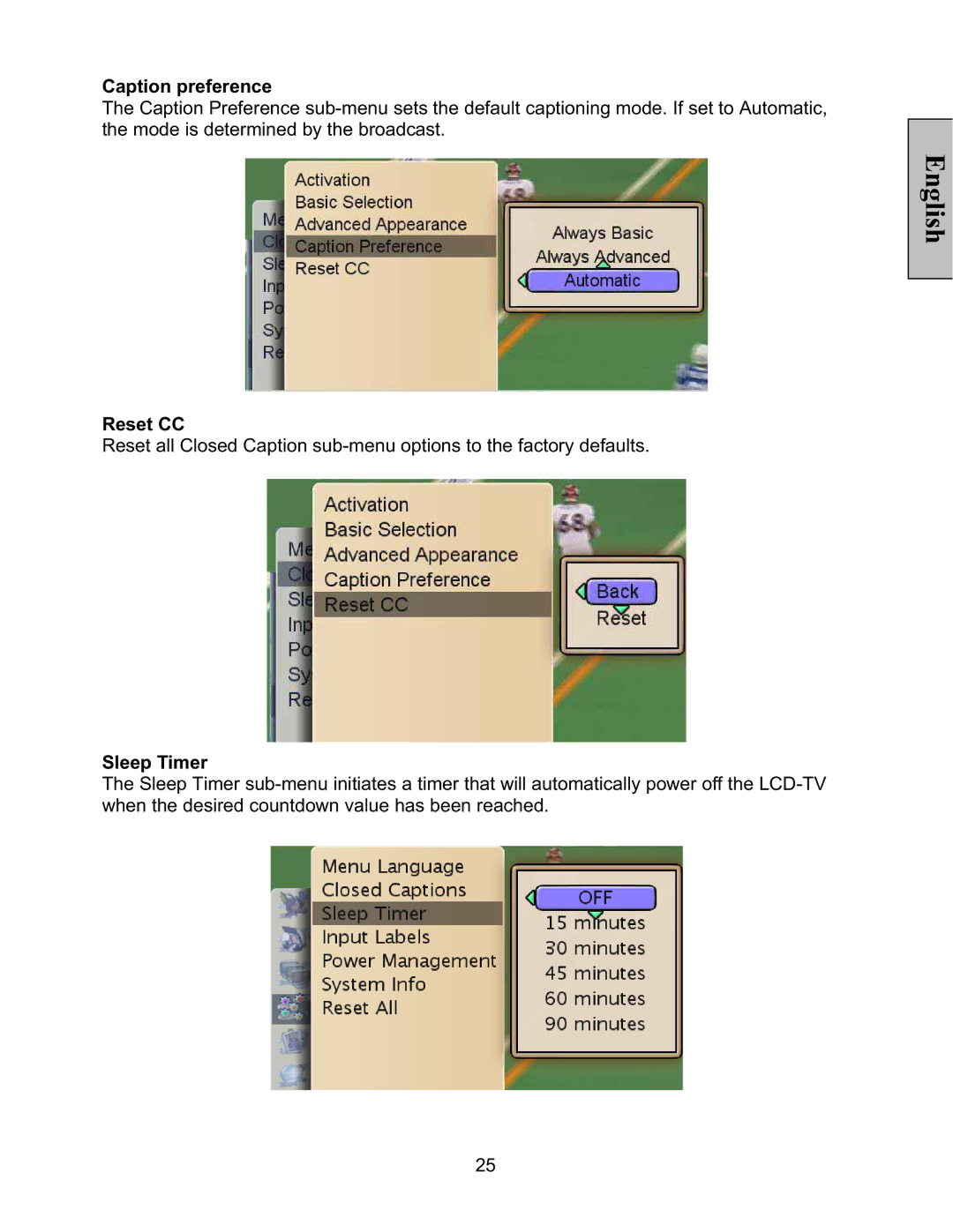 Vivitek LT32PL3-A manual Caption preference, Reset CC, Sleep Timer 