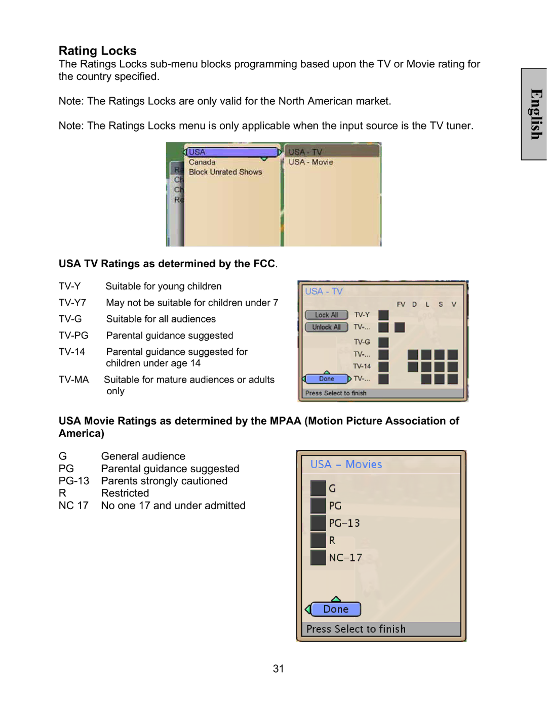 Vivitek LT32PL3-A manual Rating Locks, USA TV Ratings as determined by the FCC 