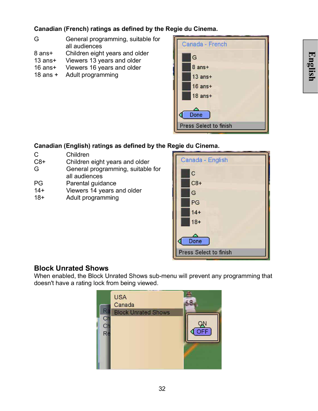 Vivitek LT32PL3-A manual Block Unrated Shows, Canadian French ratings as defined by the Regie du Cinema 