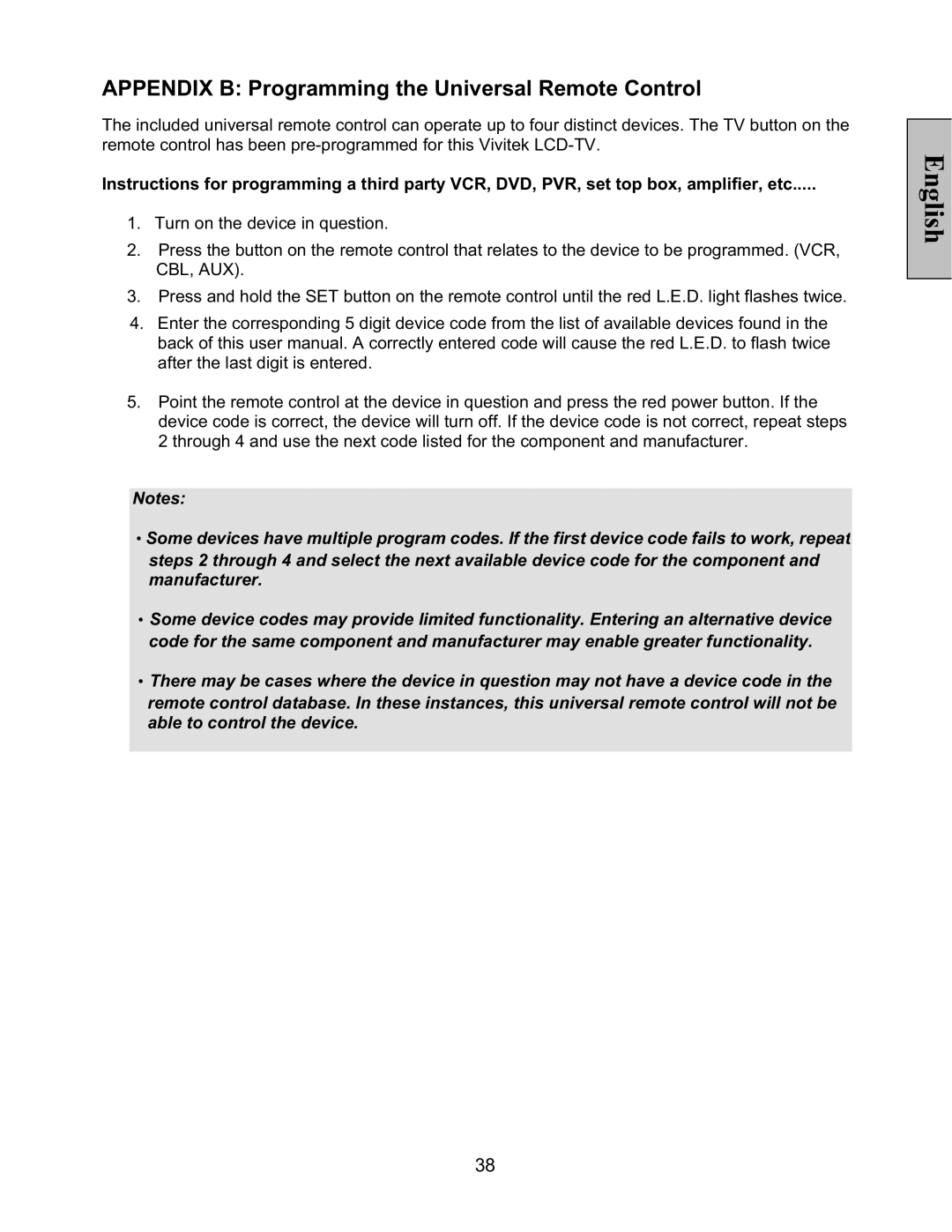 Vivitek LT32PL3-A manual Appendix B Programming the Universal Remote Control 