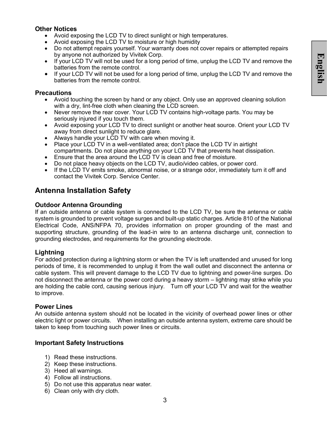 Vivitek LT32PL3-A manual Antenna Installation Safety 