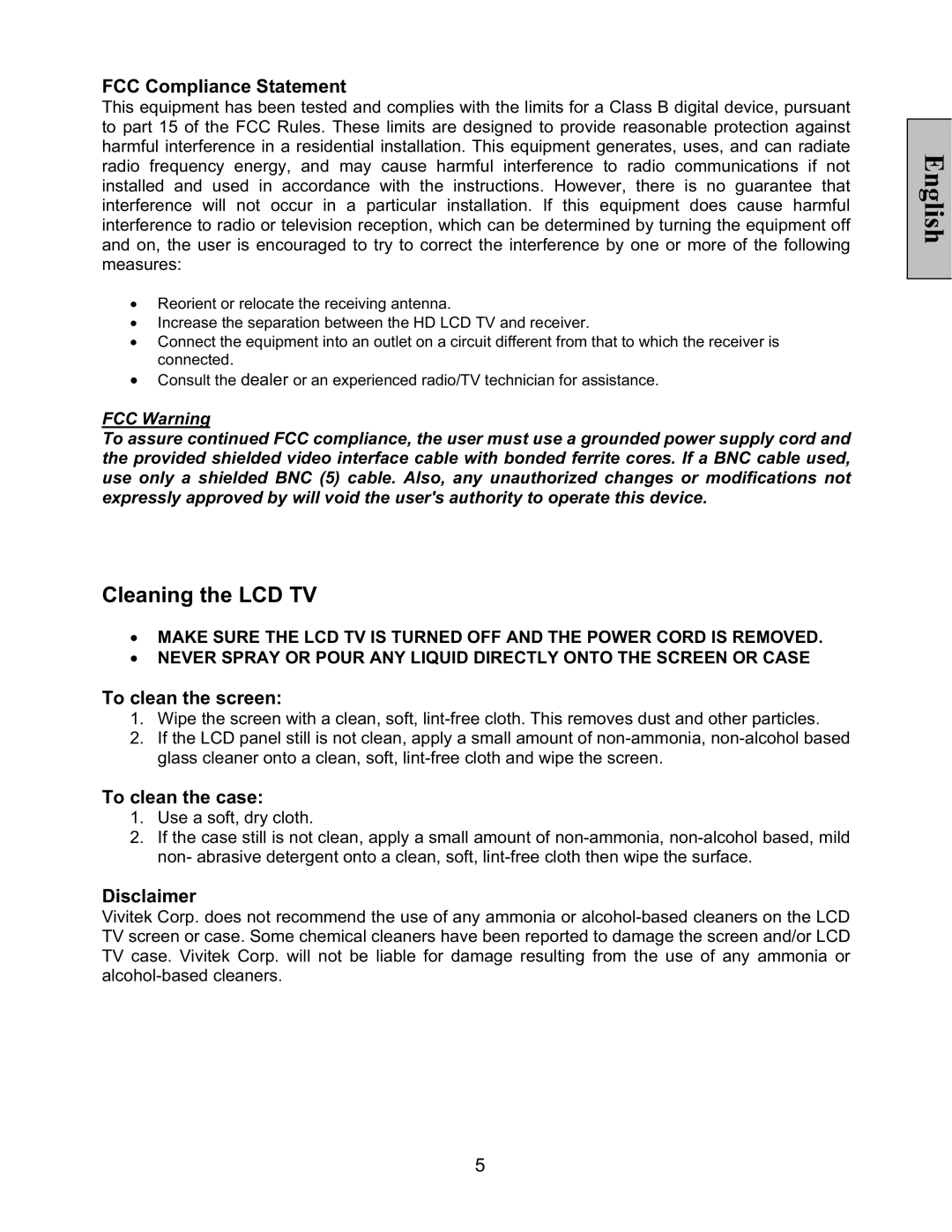 Vivitek LT32PL3-A manual Cleaning the LCD TV, FCC Compliance Statement, To clean the screen, To clean the case, Disclaimer 