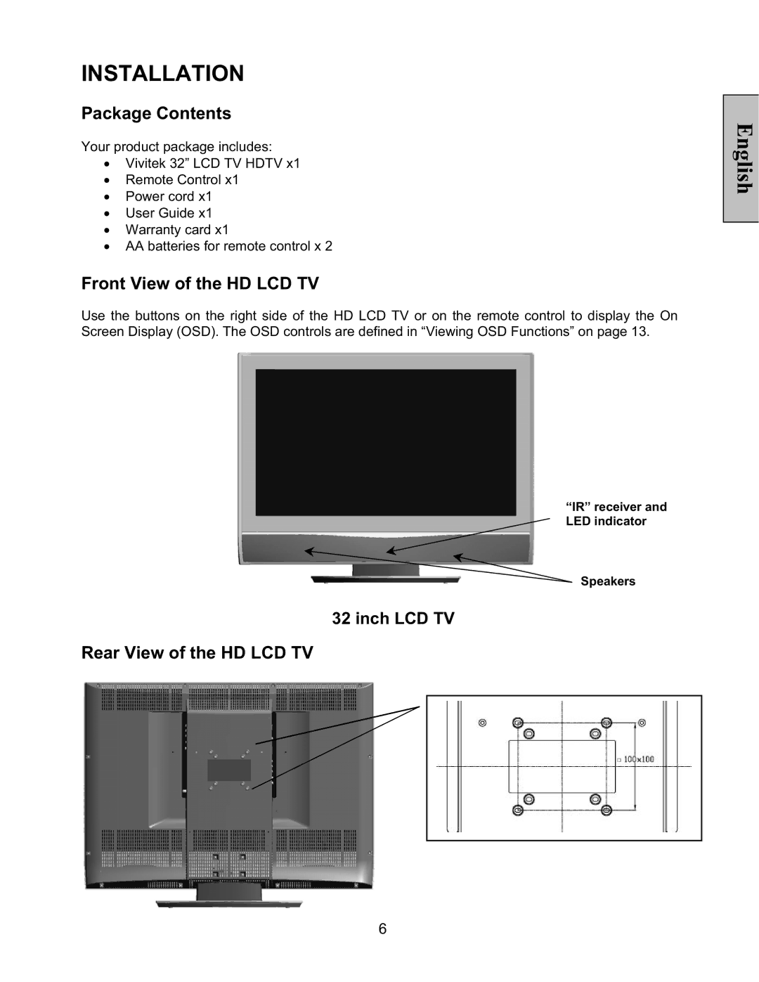 Vivitek LT32PL3-A manual Package Contents, Front View of the HD LCD TV, Rear View of the HD LCD TV 