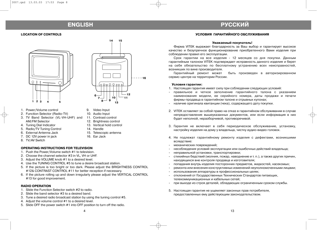 Vivitek vt-3007 manual Русский, Location of Controls, Operating Instructions for Television, Radio Operation 