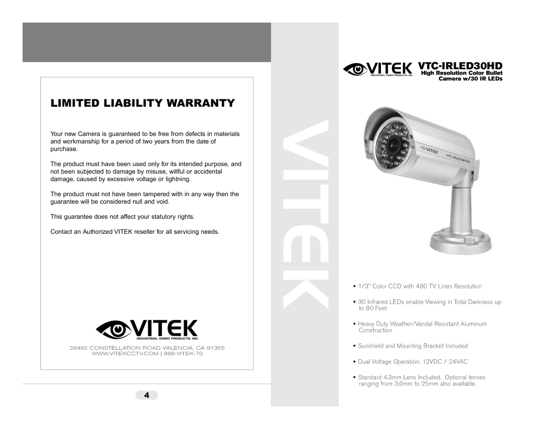 Vivitek VTC-IRLED30HD warranty Vitek, Limited Liability Warranty 