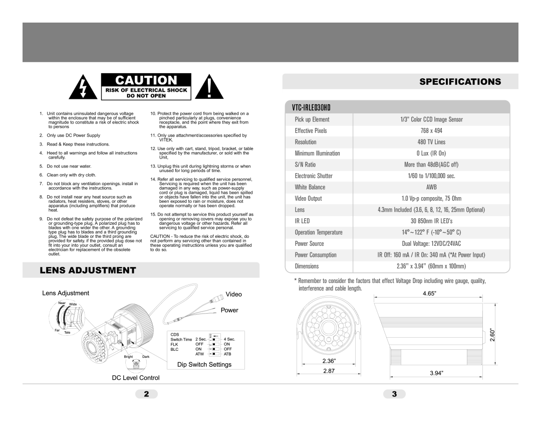 Vivitek VTC-IRLED30HD warranty Specifications, Lens Adjustment, Ir Led, Vitek 