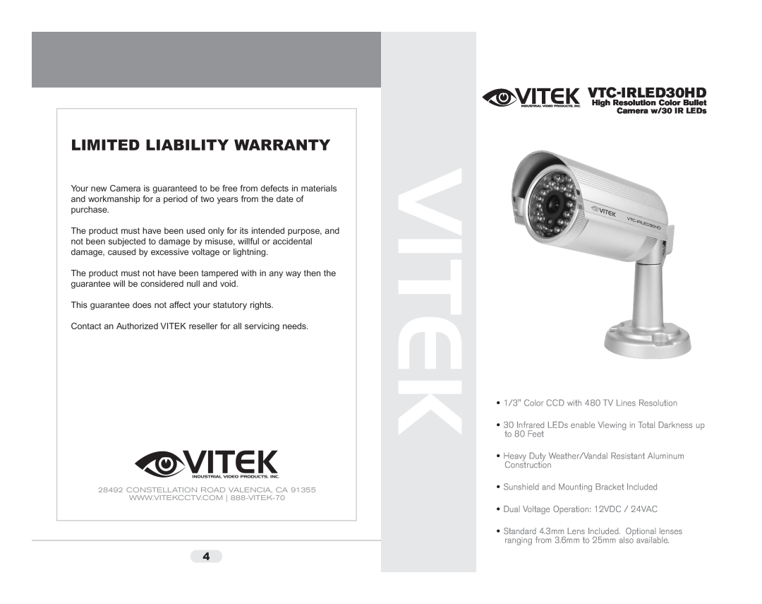 Vivitek VTC-IRLED30HD warranty Vitek, Limited Liability Warranty, 1/3 Color CCD with 480 TV Lines Resolution 