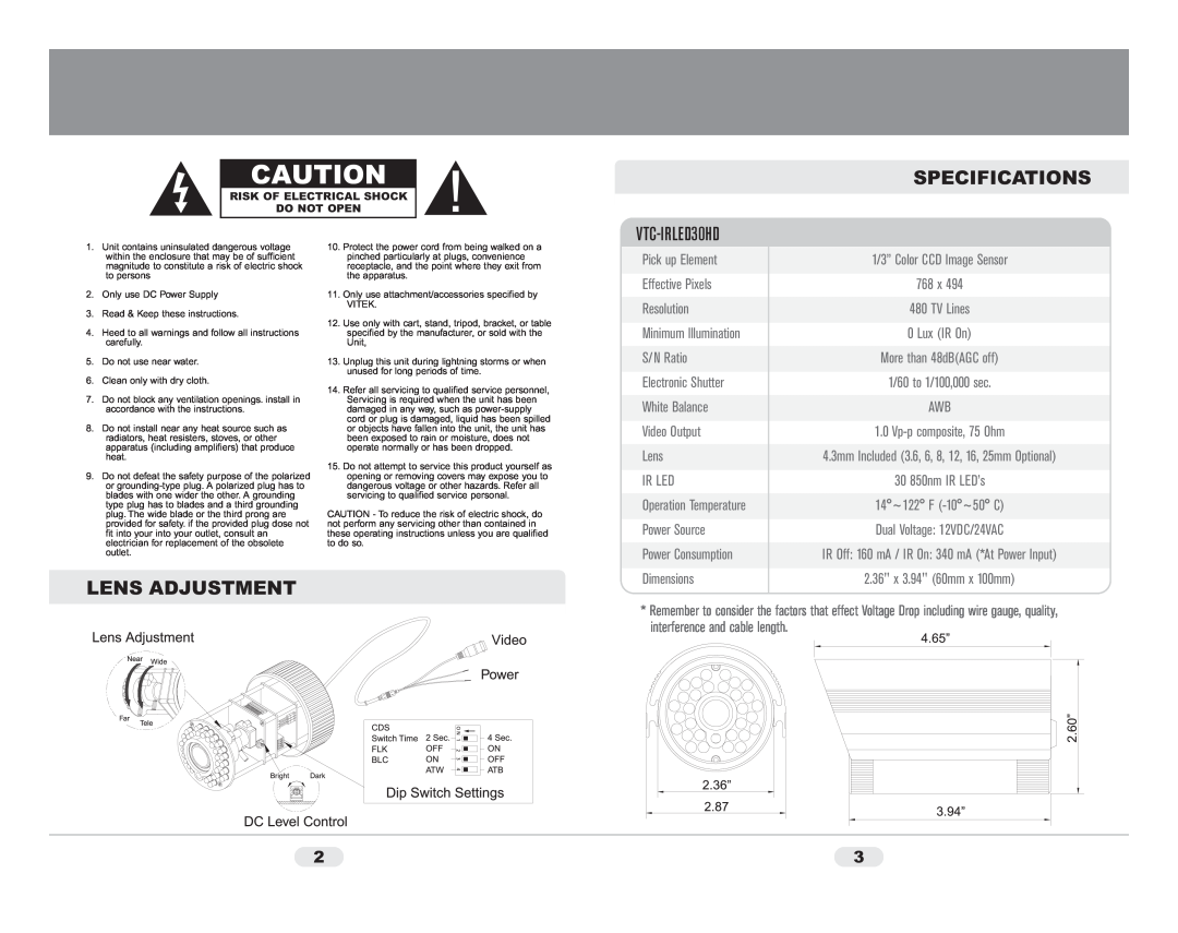 Vivitek VTC-IRLED30HD warranty Specifications, Lens Adjustment 