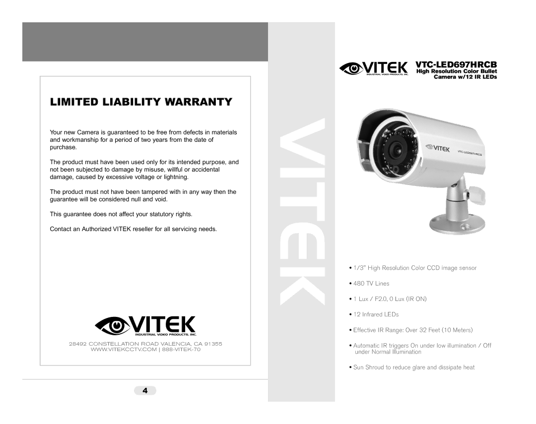 Vivitek VTC-LED697HRCB warranty Vitek, Limited Liability Warranty 