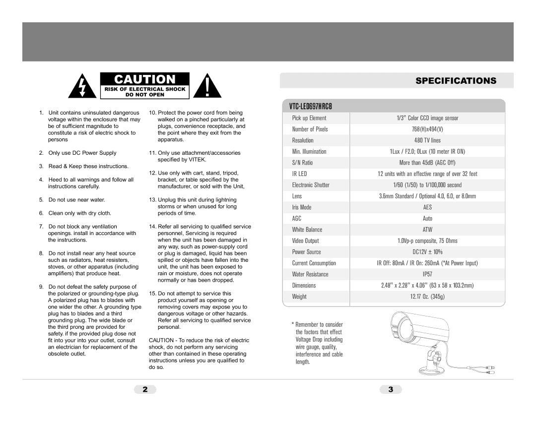 Vivitek VTC-LED697HRCB warranty Specifications, Ir Led, Agc 