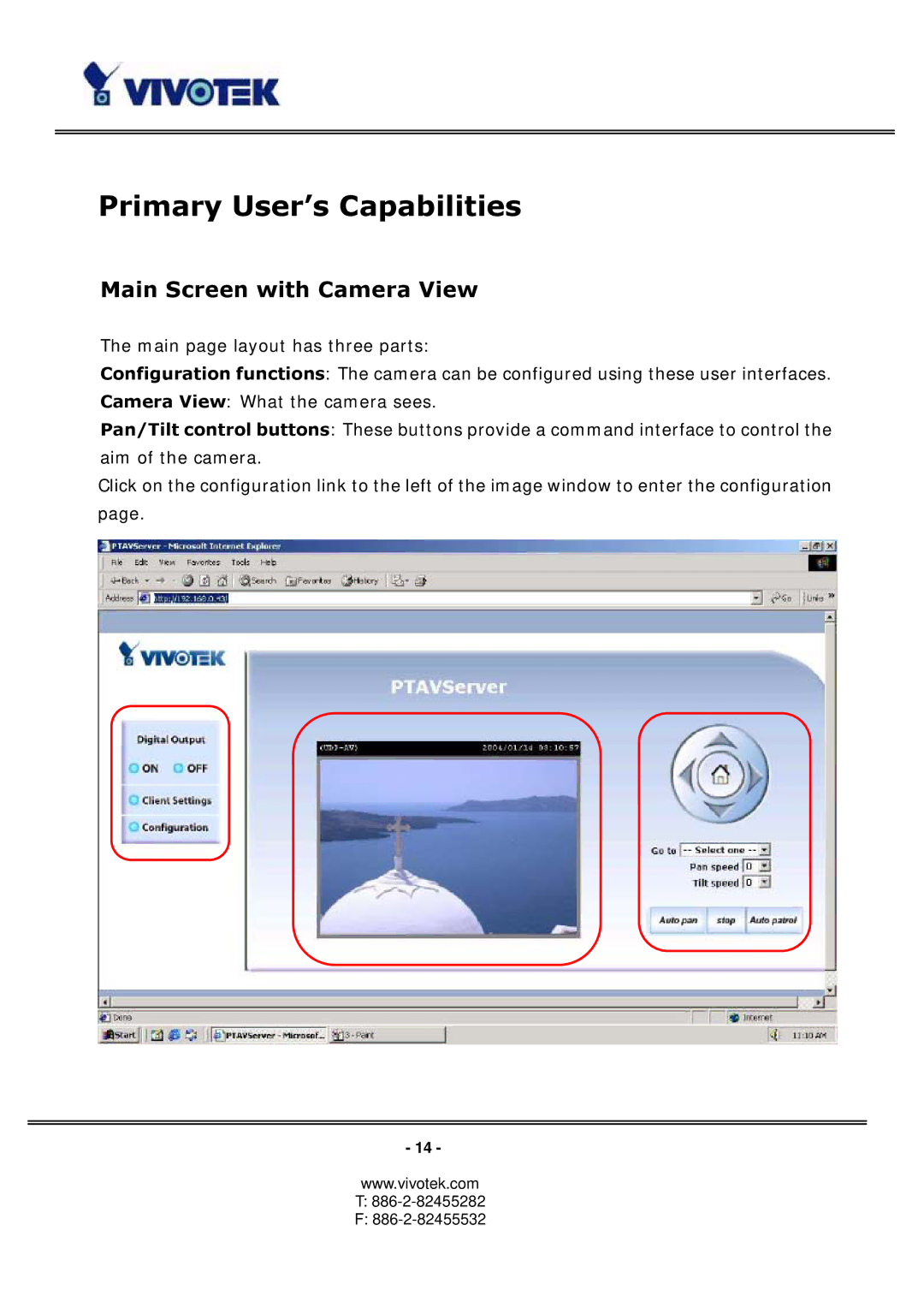 Vivotek PT3113, 3123 manual Primary User’s Capabilities, Main Screen with Camera View 