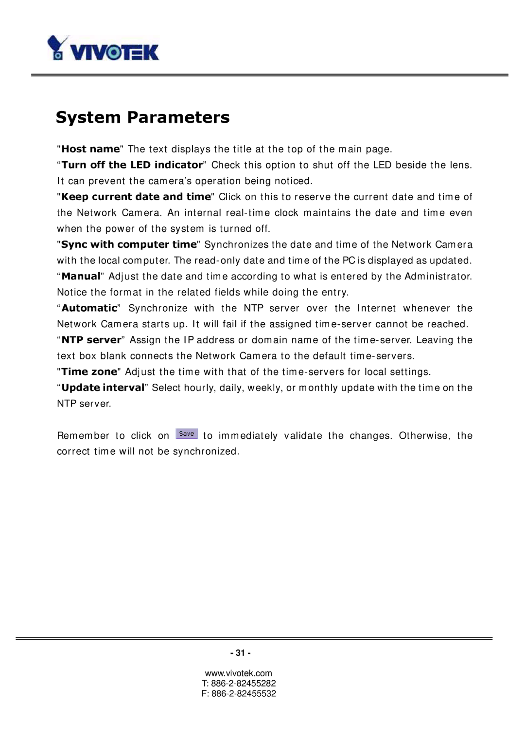 Vivotek 3123, PT3113 manual System Parameters 