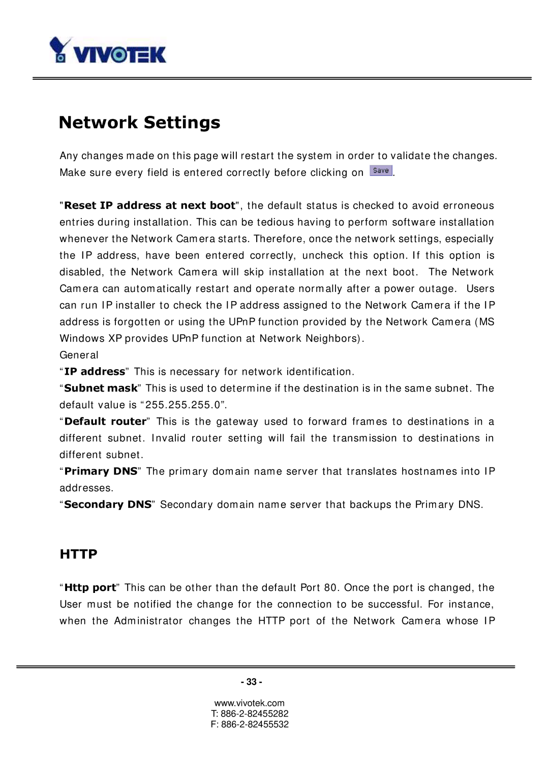 Vivotek 3123, PT3113 manual Network Settings, Http 