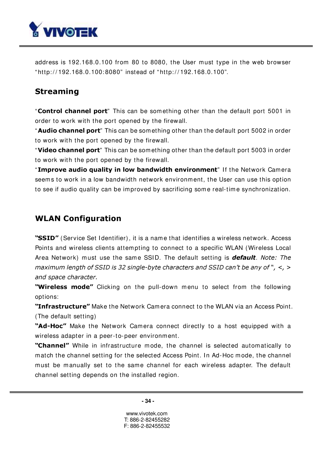 Vivotek PT3113, 3123 manual Streaming, Wlan Configuration 