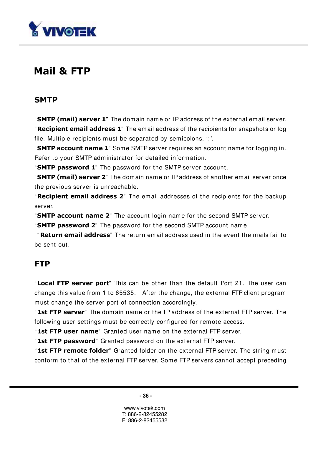 Vivotek PT3113, 3123 manual Mail & FTP, Smtp 